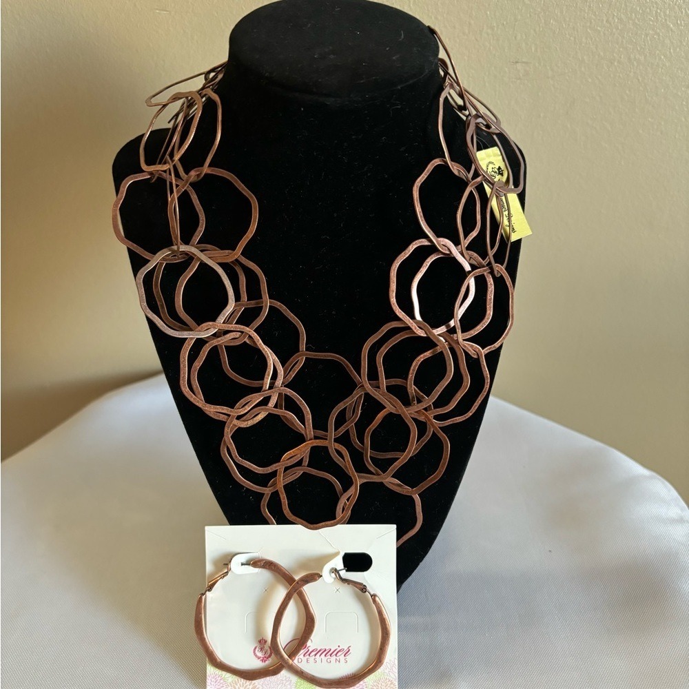 Premier Designs Copper Tone Hammered Organic Circle‎ Necklace & Earring Set